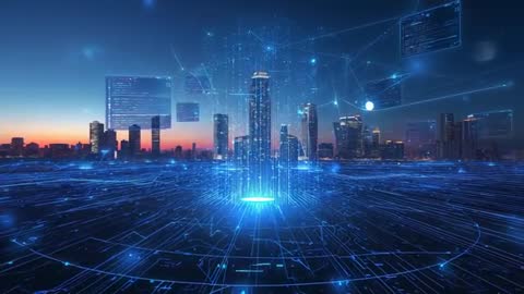 Futuristic Data Hub in High-Tech Cityscape at Dusk