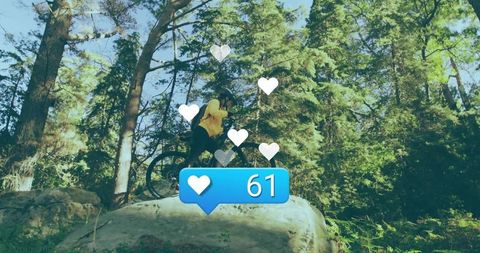 Woman Mountain Biking with Heart Reaction Overlay in Forest