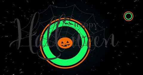 Futuristic neon halloween design with glowing rings and jack-o-lantern