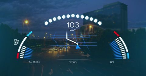 Digital Interface with Speedometer and Cityscape Background - Download Free Stock Images Pikwizard.com