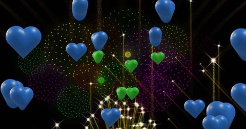 Vibrant Heart Balloons and Fireworks Celebration