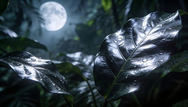 Glistening glossy tropical leaf reflecting full moonlight in misty jungle night