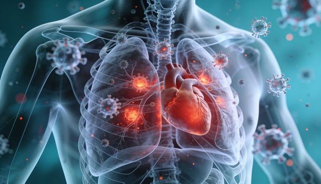 Translucent thorax showing viral infection impacting lungs and heart 3d medical rendering