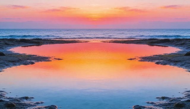 Reflecting tidal pool mirroring vibrant sunset over ocean horizon with crescent shore