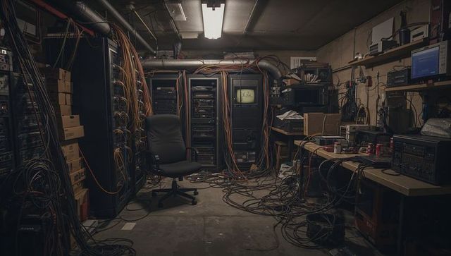 Basement data center with server racks and cable chaos