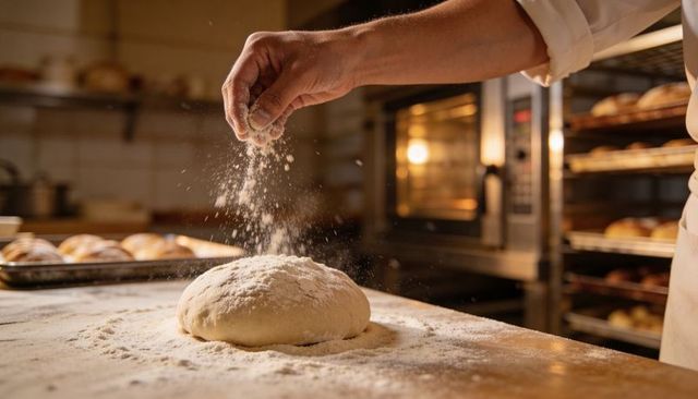 Artisan baker sprinkling flour on round proofing dough with oven glow in rustic bakery