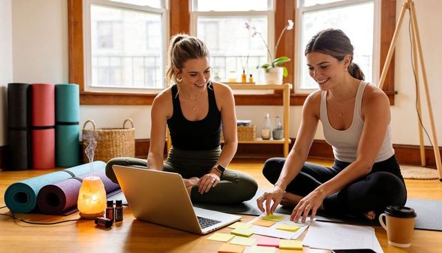 Wellness entrepreneurs planning yoga class with sticky notes and laptop in sunlit studio