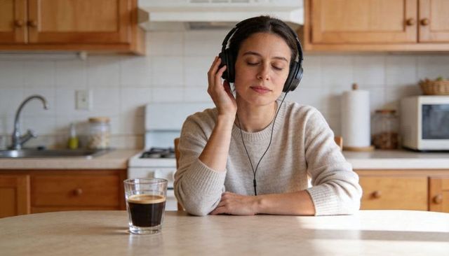 Woman listening to music with headphones at cozy kitchen table enjoying coffee, relaxing