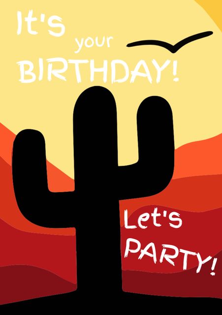 Colorful illustrated greeting card ideal for birthday invitations or party announcements. Featuring a black cactus against a warm desert background, and playful text that reads 'It's your BIRTHDAY! Let's PARTY!' Useful for both social media posts and printed invitations, adding a cheerful and fun touch to birthday celebrations.