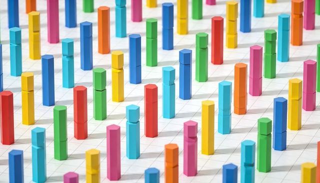 Colorful geometric block columns on grid paper representing abstract data visualization