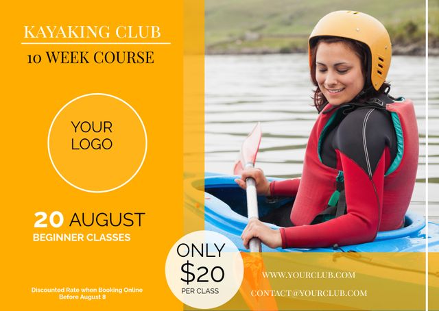 Adventure Kayaking Course Advertisement with Smiling Woman in Kayak - Download Free Stock Templates Pikwizard.com