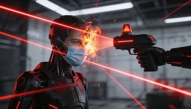 Cyborg soldier taking red laser strike to temple from futuristic pistol, sparks and mask