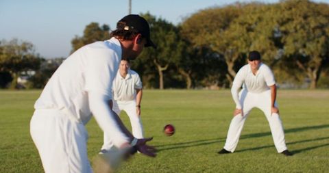 Batsman striking cricket ball with fielders ready on sunlit grassy outfield