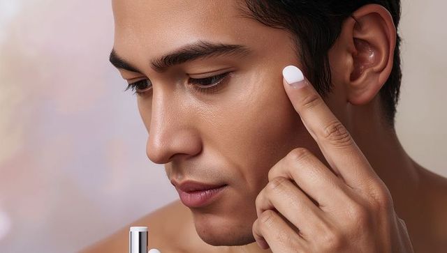 Young man applying moisturizer to cheek closeup skincare routine grooming cosmetic studio