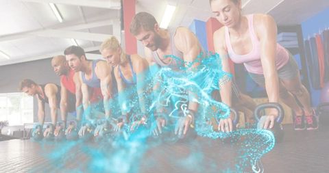 Six athletes performing kettlebell plank circuit building strength and endurance