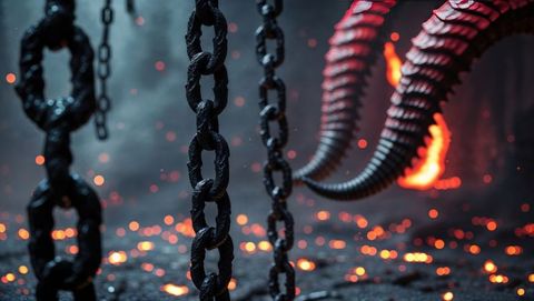 Chains and glow above molten embers with red demon horns in underground forge
