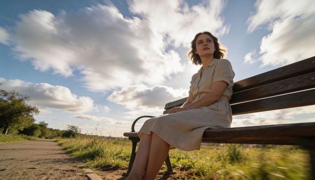 Contemplative woman sitting on park bench gazing at sky during warm backlit golden hour