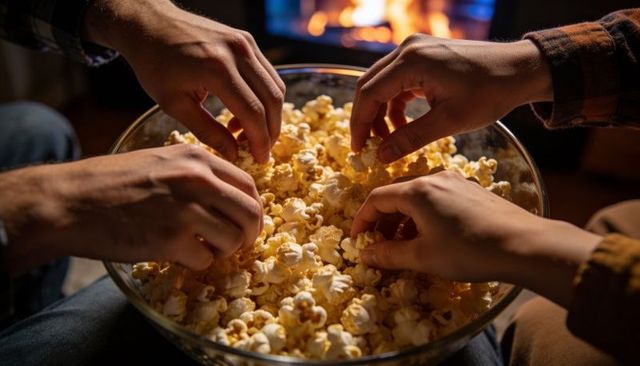 Friends reaching for buttered popcorn from glass bowl by cozy fireplace in living room