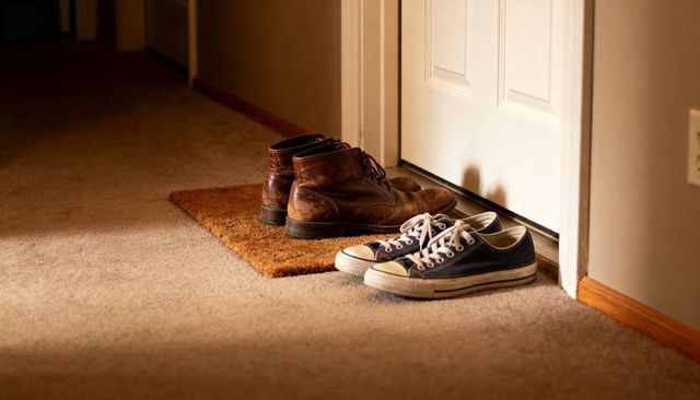 Pairing worn canvas sneakers and scuffed leather boots at home entryway on coir doormat