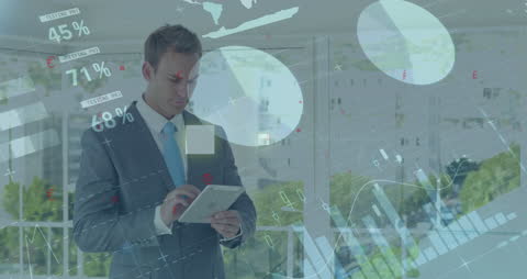 Businessman Using Tablet with Digital Data Interface Overlay