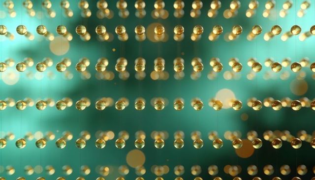 Hanging gold spheres creating shimmering geometric grid with teal green bokeh backdrop
