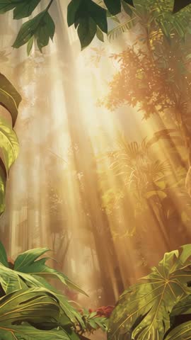 Vertical video: Sunlight streaming through canopy, golden rays on lush tropical leaves