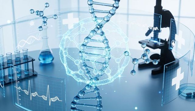 Holographic dna helix projecting over high-tech lab bench with ar panels and microscope