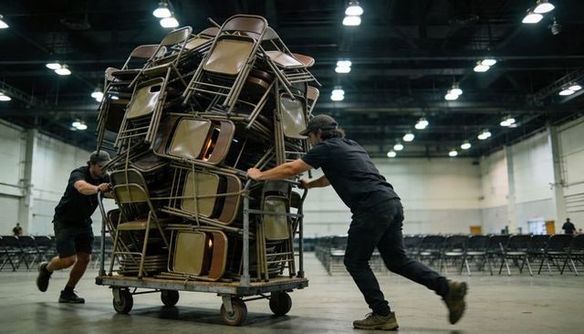 Two workers pushing stacked folding chairs on cart inside large expo hall during teardown