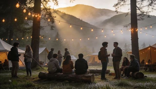 Friends camping at dawn with string lights, misty mountains and cozy tents