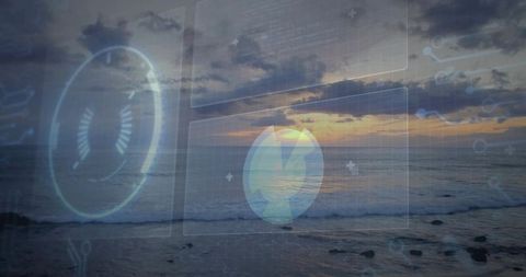 Digital interface over ocean sunset with futuristic panels