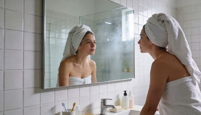 Woman wrapped in white towel checking skin in bathroom mirror, minimal tile vanity