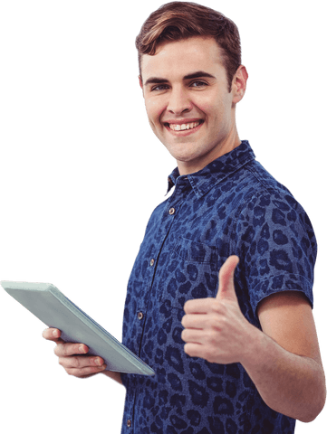 Smiling Young Man Holding Tablet Giving Thumbs Up Transparent Background - Download Free Stock Videos Pikwizard.com