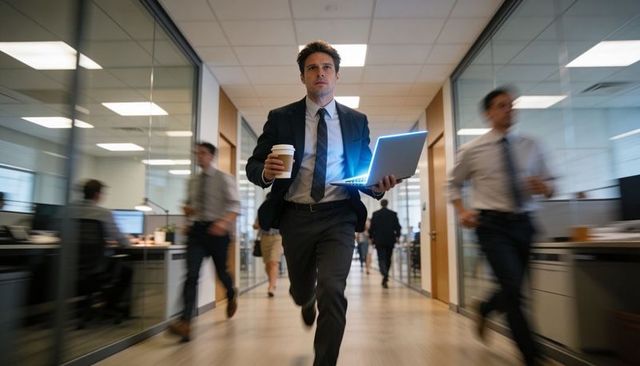 Executive running through office hallway holding laptop and coffee, urgent business pace
