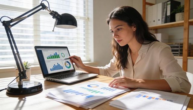 Focused businesswoman reviewing charts on laptop and printed reports in modern home office