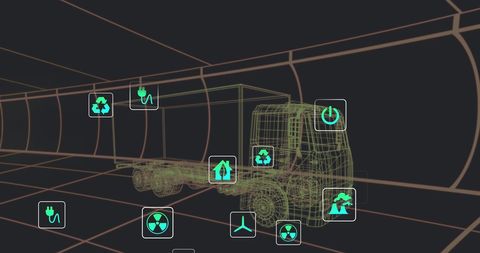 A digital illustration of a truck surrounded by various icons representing green energy concepts, set against a black background. This illustration signifies advancement in sustainable transportation and technological innovation. Useful for content related to renewable energy, eco-friendly technology, electric vehicles, and future transport solutions.