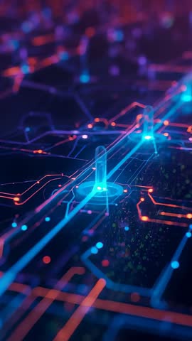 Traveling cyan pulse along neon circuit trace raising luminous pillars marking data flow