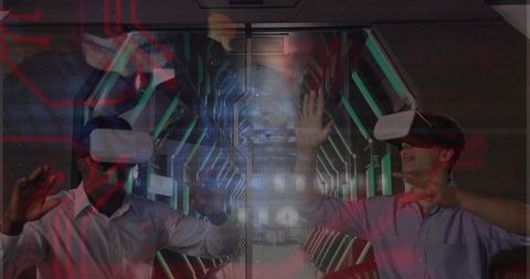 Colleagues Collaborating in Virtual Reality Hexagon Corridor