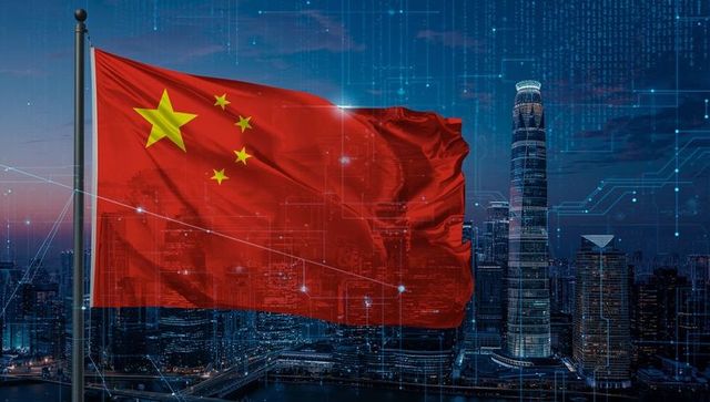 Chinese Flag Waving Against Futuristic Urban Skyline and Digital Network