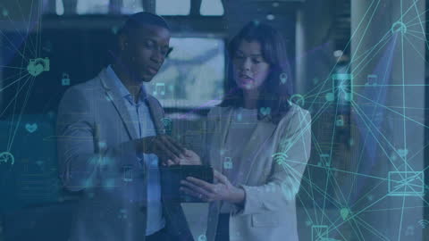 Diverse Business Colleagues Analyzing Data with Futuristic Overlays