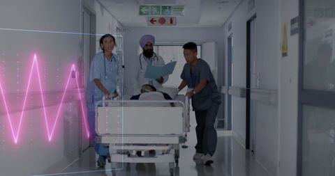 Medical Team Rushing Patient with Heart Rate Monitor Overlay