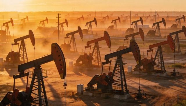 Golden-hour pumpjacks pumping across expansive oil field at sunrise