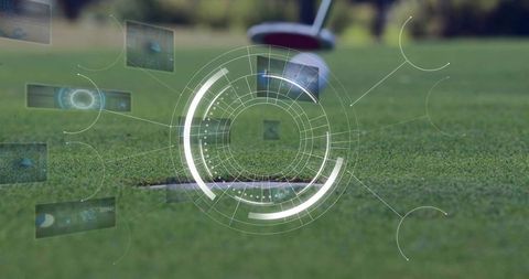 Futuristic Golf Scene with Digital HUD Overlay