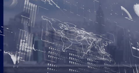 Futuristic World Map and Data Over Urban Skyline