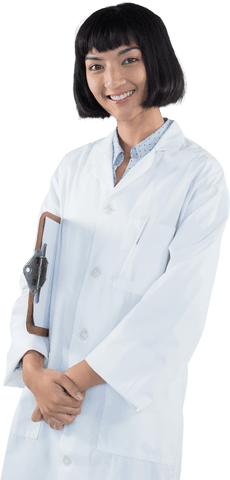 Confident female doctor holding clipboard, transparent background