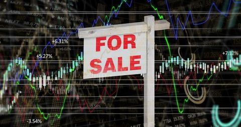 House For Sale Sign Over Financial Market Graphs