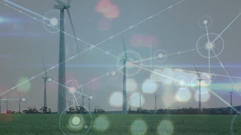 Digital Network Over Wind Turbines Symbolizing Green Energy