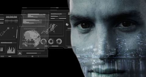 Futuristic Data Analysis with Holographic Charts and Male Analyst