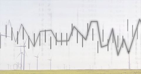 Wind Turbines with Superimposed Data Graph Illustrating Green Energy Metrics