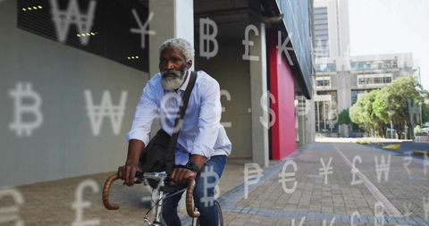 Businessman cycling on urban path with currency overlay symbols