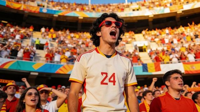 Passionate soccer fan shouting and cheering in number 24 jersey with red sunglasses in stadium